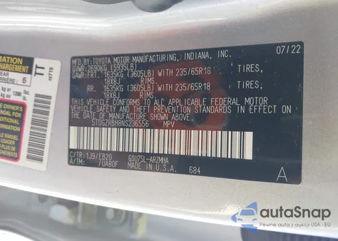 2022 Toyota Highlander Xle z USA, uszkodzony, nr VIN 5TDGZRBH8NS236556